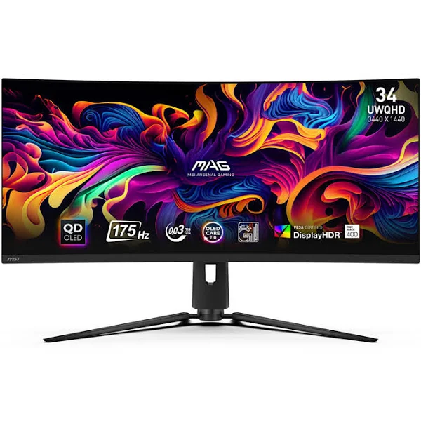 Envision triumph with the MAG 341CQP QD-OLED gaming monitor. Featuring a 3440x1440 UWQHD 1800R curved next-gen QD-OLED panel, it delivers a 175Hz refresh rate and an impressive ...